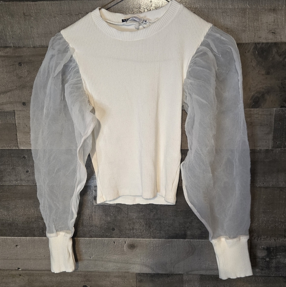 Zara Cream Ribbed Top with Sheer Puff Sleeves